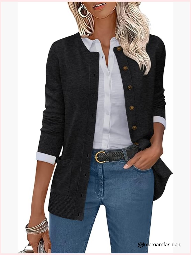 Women's Cardigan - Long Sleeve Crewneck Button Down Open Front Soft Knit Sweater